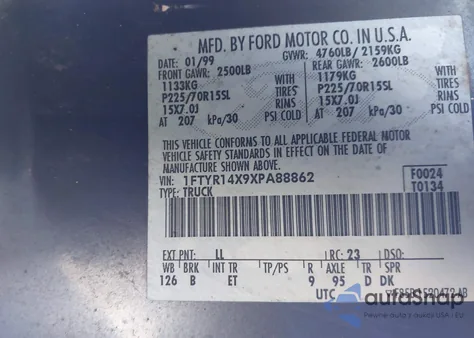 1999 Ford Ranger Xlt from USA, damaged, VIN 1FTYR14X9XPA88862